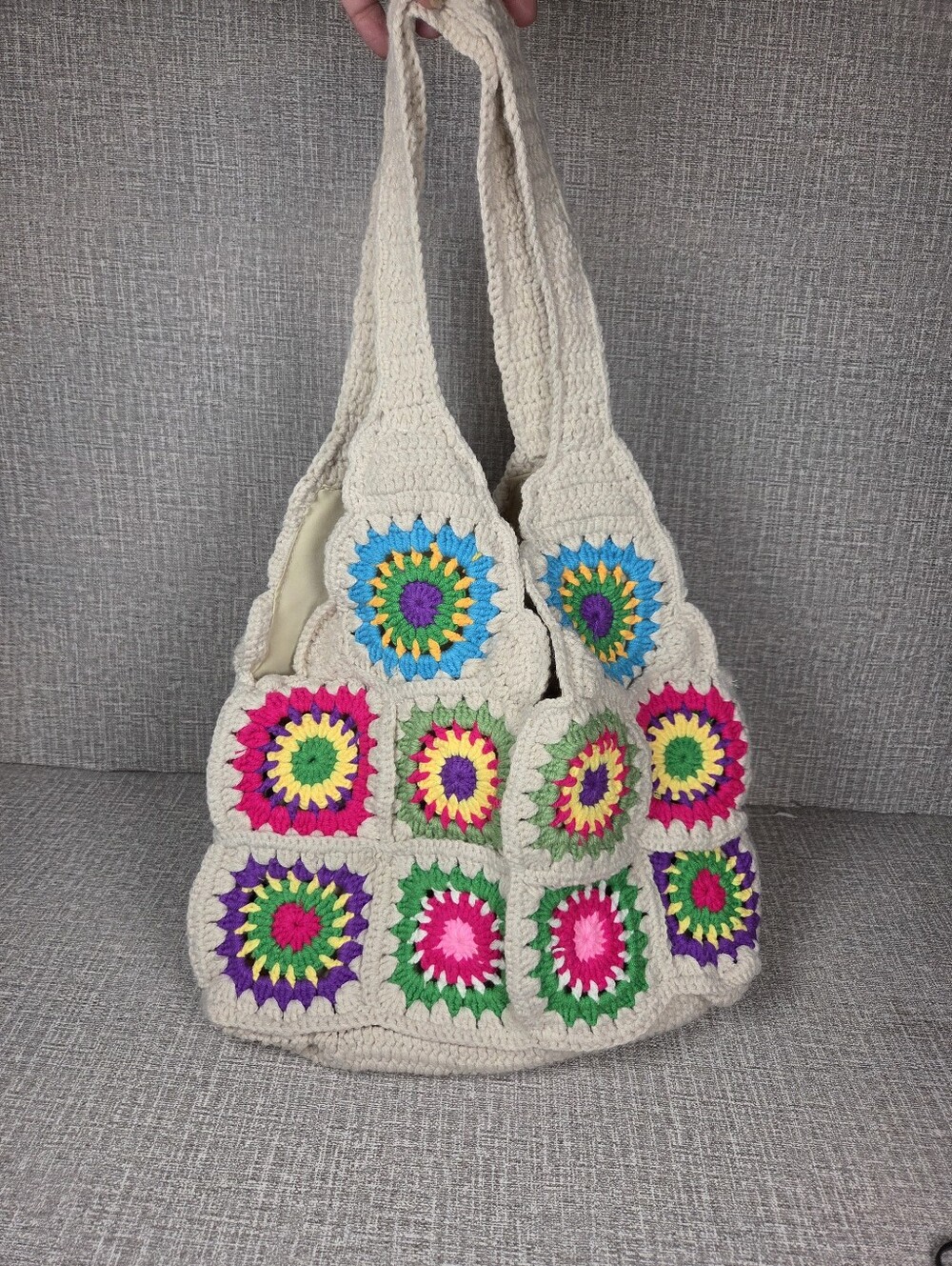 Granny Square Ivory White Crochet Knit Bag Purse Lined  Boho Purse